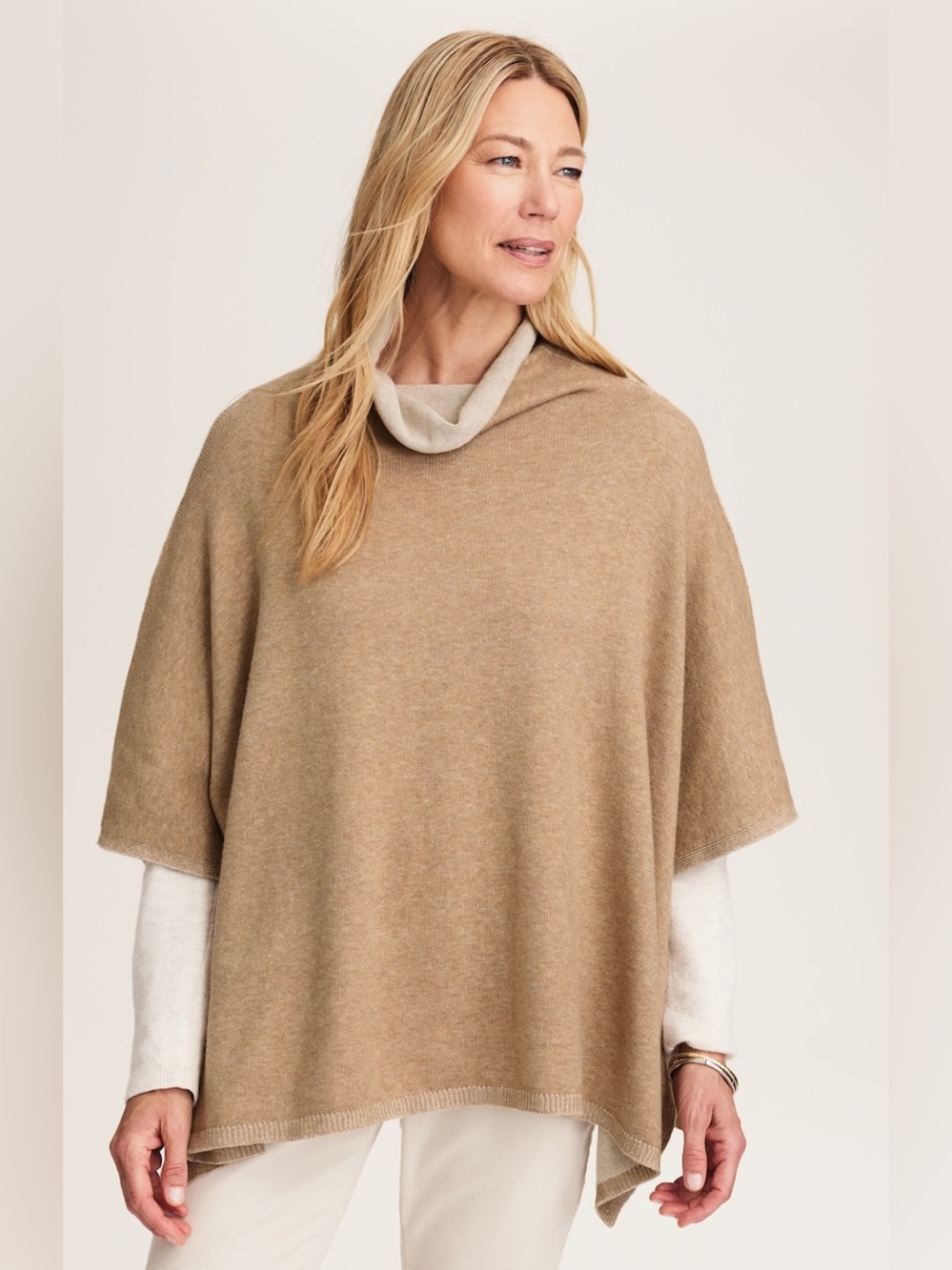 J. Jill Beige Knit Poncho Sweater XL-3X Cowl Neck Cape Pullover Minimalist Fall